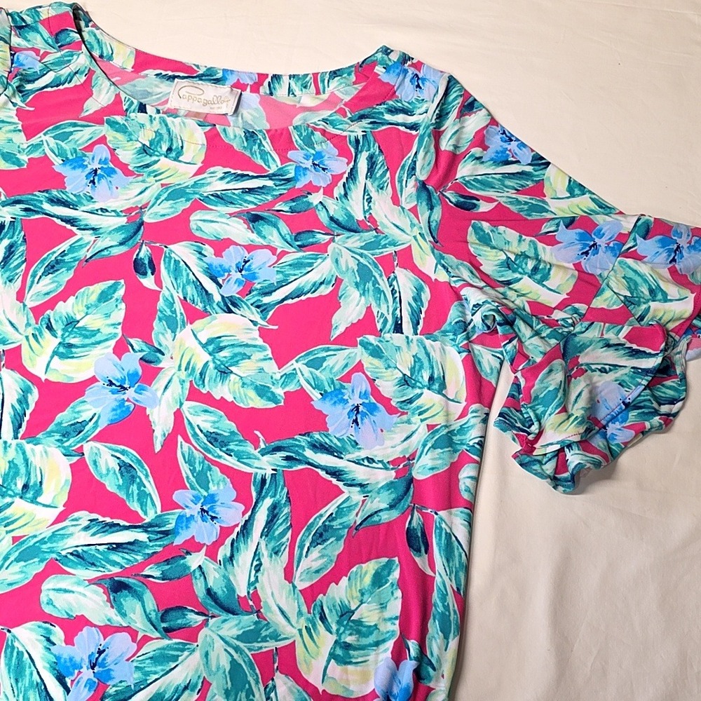 Pappagallo Dress Women 2X Pink Tropical Floral Ruffle Sleeve Shift Knit